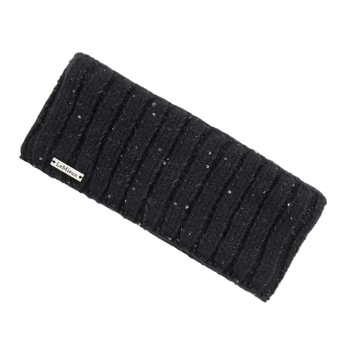 Schwarzes LeMieux-Stirnband Bernie aus Rippstrick mit dezent eingearbeitetem Paillettengarn und aufgenähtem silbernen Metall-Logo am unteren Saum. Wärmendes Damen-Strick-Headband als eleganter Ohrenschutz für Reitsport, Stall und Freizeit
