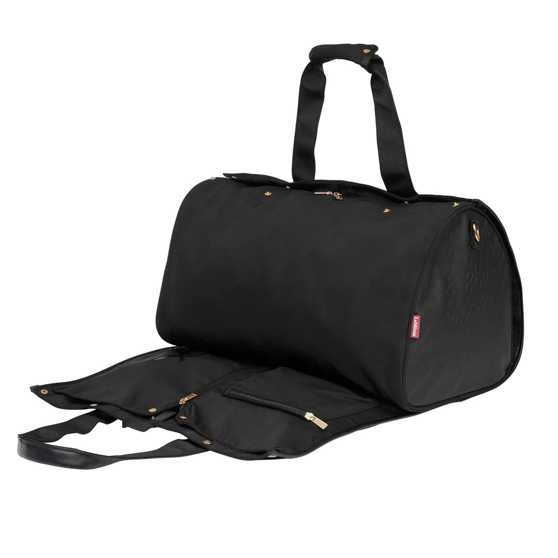 Ausgebreiteter Kleidersack der schwarzen LeMieux Reisetasche Luxe Show Jacket Duffle Bag: Detailansicht des innovativen 2-in-1-Systems mit Reißverschlussfächern für Zubehör und Druckknöpfen zum knitterfreien Transport von Turnierjackets.