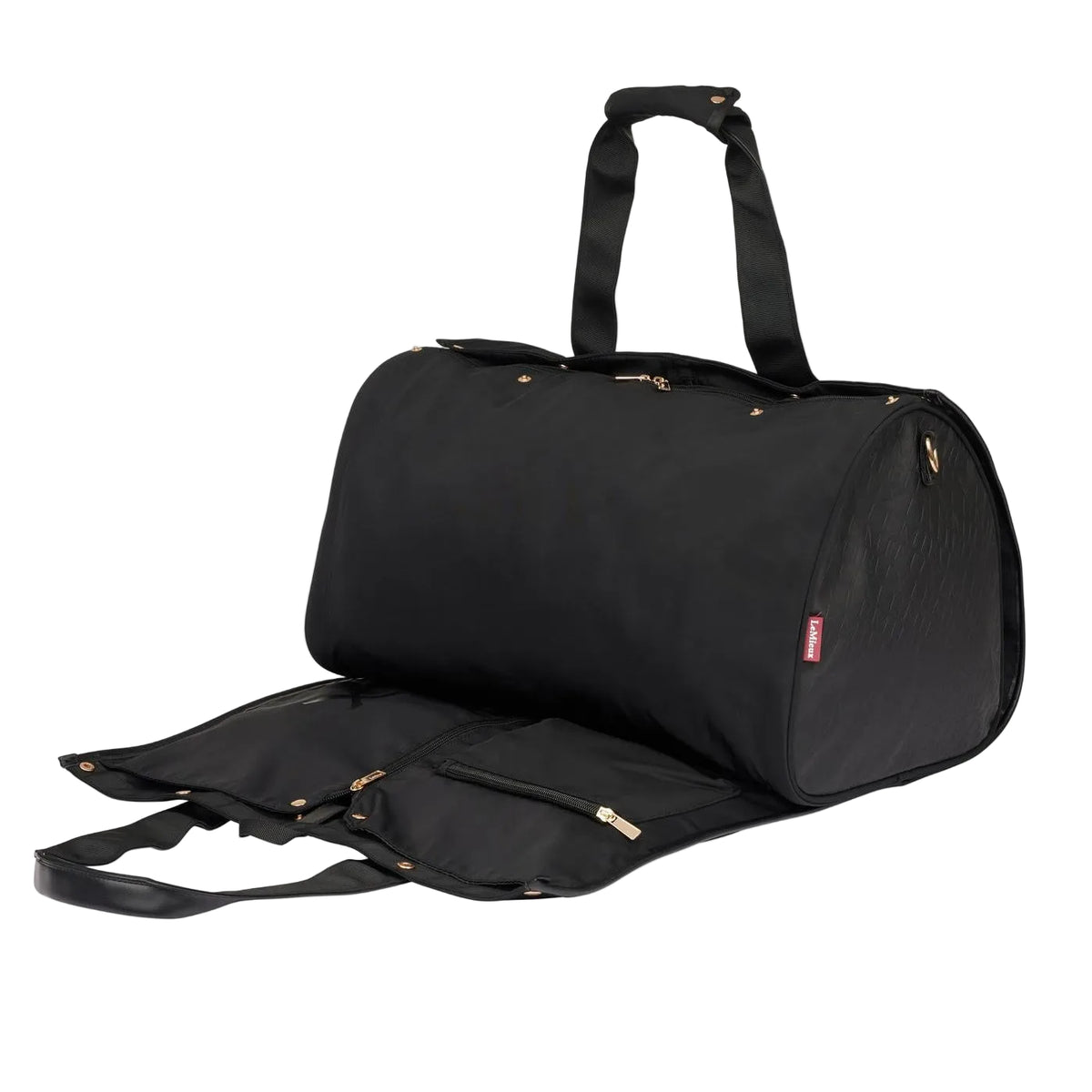 Ausgebreiteter Kleidersack der schwarzen LeMieux Reisetasche Luxe Show Jacket Duffle Bag: Detailansicht des innovativen 2-in-1-Systems mit Reißverschlussfächern für Zubehör und Druckknöpfen zum knitterfreien Transport von Turnierjackets.