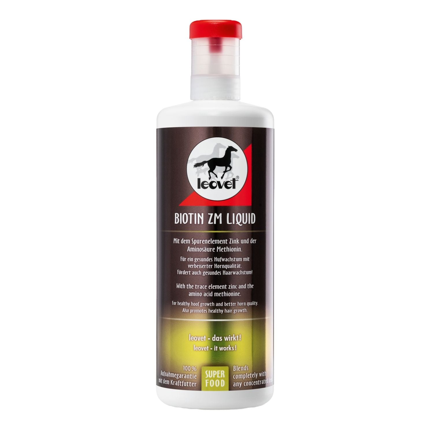 Die 1 Liter Dosierflasche leovet Biotin ZM flüssig ermöglicht eine präzise Beigabe der spezialisierten Nährstoffkombination aus Biotin, Zink und Methionin zum täglichen Pferdefutter. Diese flüssige Form des Ergänzungsfuttermittels wurde gezielt für eine unkomplizierte Nährstoffaufnahme entwickelt und dient der bedarfsgerechten Ergänzung während des Fellwechsels sowie zur Unterstützung der Hornsubstanz von Pferden und Ponys.