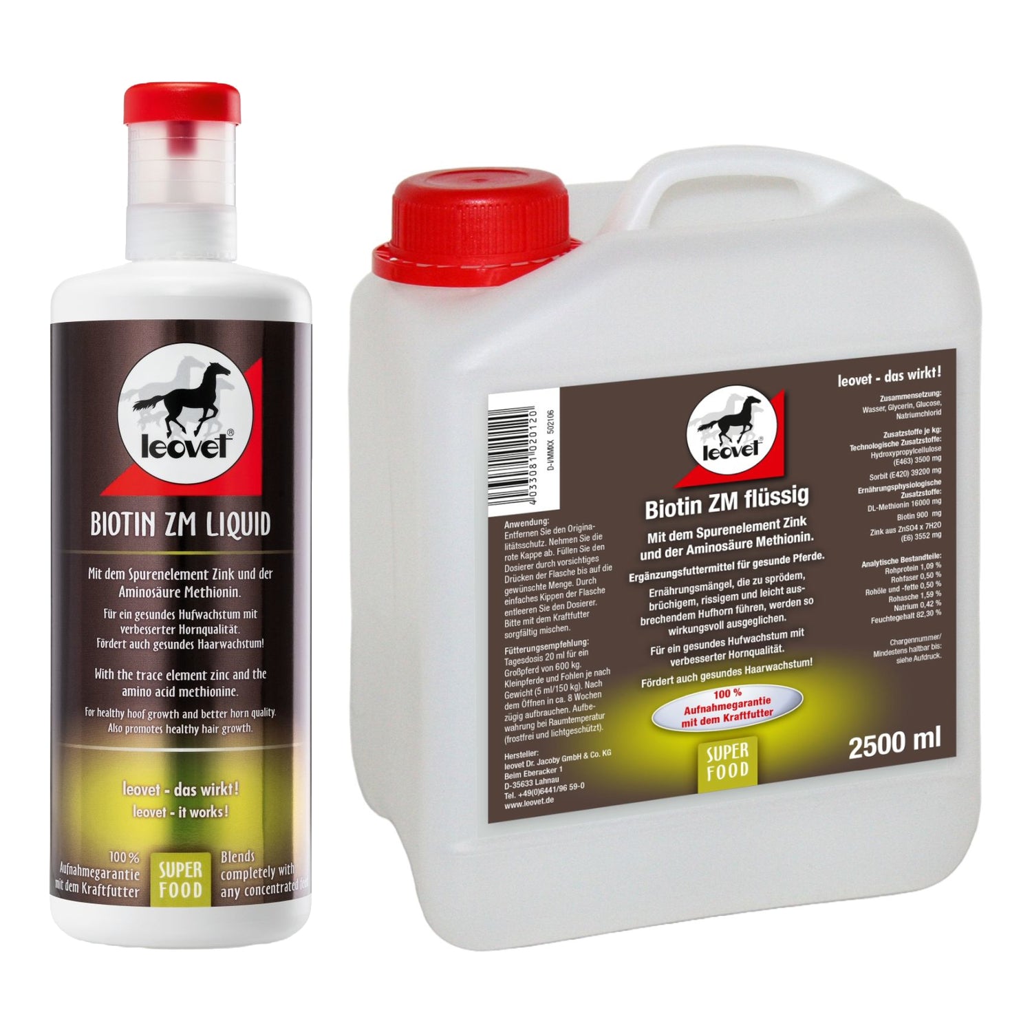 Die Produktansicht zeigt das leovet Biotin ZM flüssig in der handlichen 1 Liter Dosierflasche sowie den ergiebigen 2,5 Liter Nachfüllkanister für eine langfristige Ergänzung der täglichen Futterration von Pferden und Ponys.