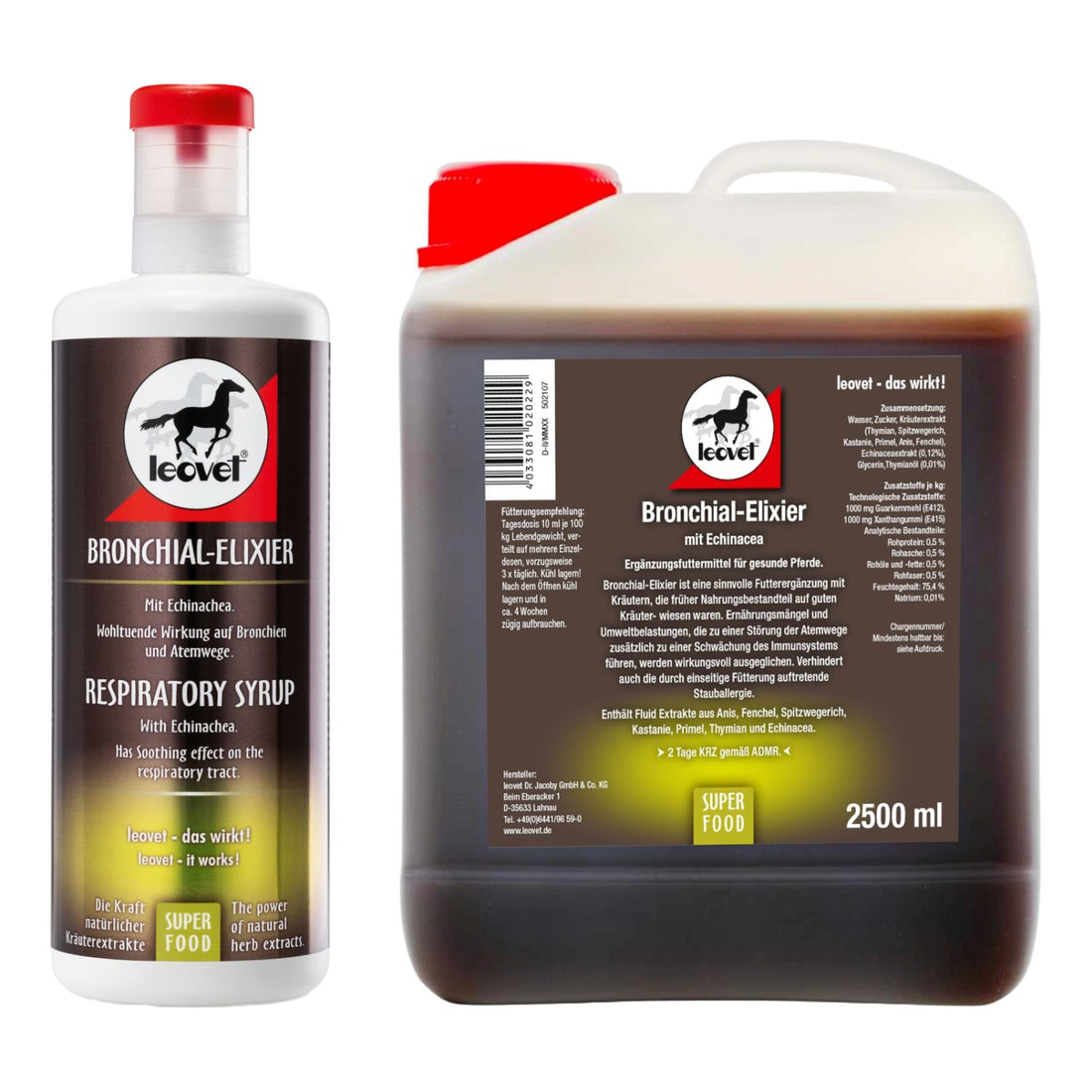Das leovet Bronchial-Elixier Set bestehend aus der smarten 1-Liter-Dosierflasche und dem 2,5-Liter-Nachfüllkanister für eine bedarfsgerechte und wirtschaftliche Pferdefütterung.
