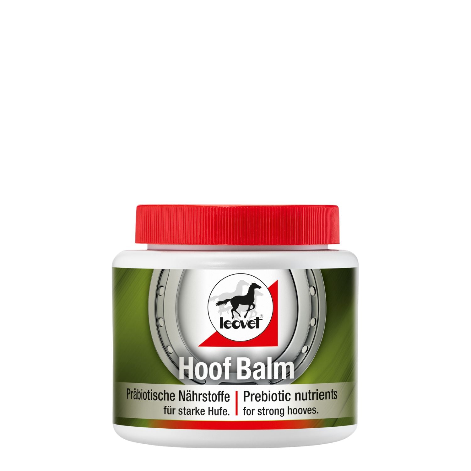 Hochauflösendes Produktbild der 450 ml Dose leovet hoof balm mit innovativem präbiotischen Nährstoffen für starke Hufe und gepflegtes Hufhorn. Der mineralölfreie Hufbalsam in der handlichen Dose mit praktischem Schraubverschluss ist die moderne Lösung für die tägliche Pferdepflege im Reitsport, ohne das Hufhorn zu versiegeln.