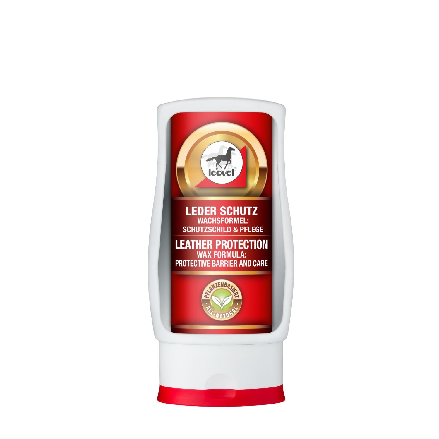 Produktbild der handlichen 120 ml Tube leovet Leder Schutz mit markantem rotem Deckel in stehender Position. Diese kompakte Lederpflege ist ideal zur mühelosen Reinigung und intensiven Pflege von Sätteln, Sattelgurten, Schuhen sowie Zaumzeug wie Trensen und Kandaren im Reitsport geeignet.