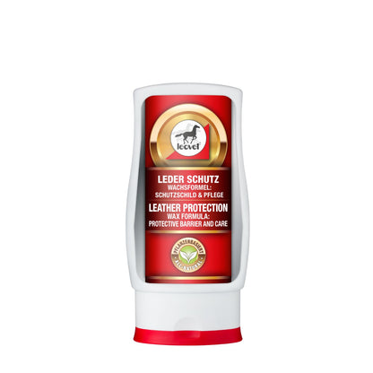 Produktbild der handlichen 120 ml Tube leovet Leder Schutz mit markantem rotem Deckel in stehender Position. Diese kompakte Lederpflege ist ideal zur mühelosen Reinigung und intensiven Pflege von Sätteln, Sattelgurten, Schuhen sowie Zaumzeug wie Trensen und Kandaren im Reitsport geeignet.