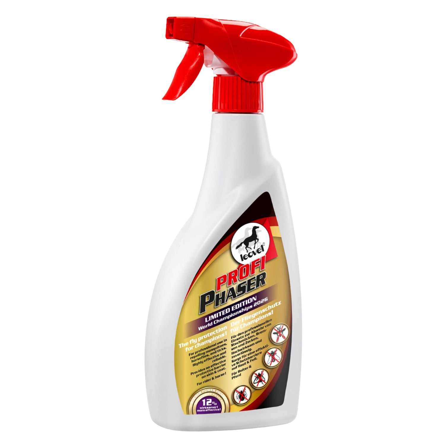 Hochauflösendes Produktbild der 550 ml Sprühflasche des leovet Profi Phaser Fliegensprays für Champions in der Limited Edition. Das markante goldene Etikett kennzeichnet dieses extra starke Repellent für Pferde. Der hochwirksame Insektenschutz bildet auf dem Fell eine langanhaltende Schutzbarriere und dient der gezielten, starken Abwehr von lästigen Fliegen, hartnäckigen Bremsen, Zecken und Kriebelmücken im Reitsport und beim Weidegang.