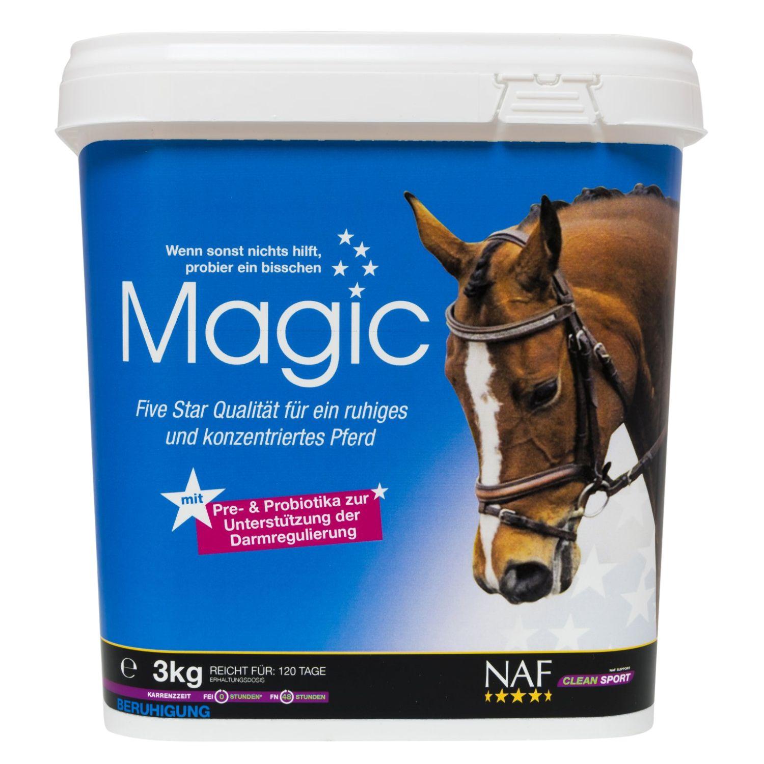 NAF Magic Pulver 3 kg Eimer – magnesiumhaltiges Ergänzungsfuttermittel für Pferde und Ponys mit ausgewählten Pflanzenstoffen für eine ausgewogene Fütterung. Für Freizeitpferde, Turnierpferde, Sportpferde, Hengste, Wallache und Jungpferde in der Ausbildung. Clean Sport dank ADMR Angeben von NAF.