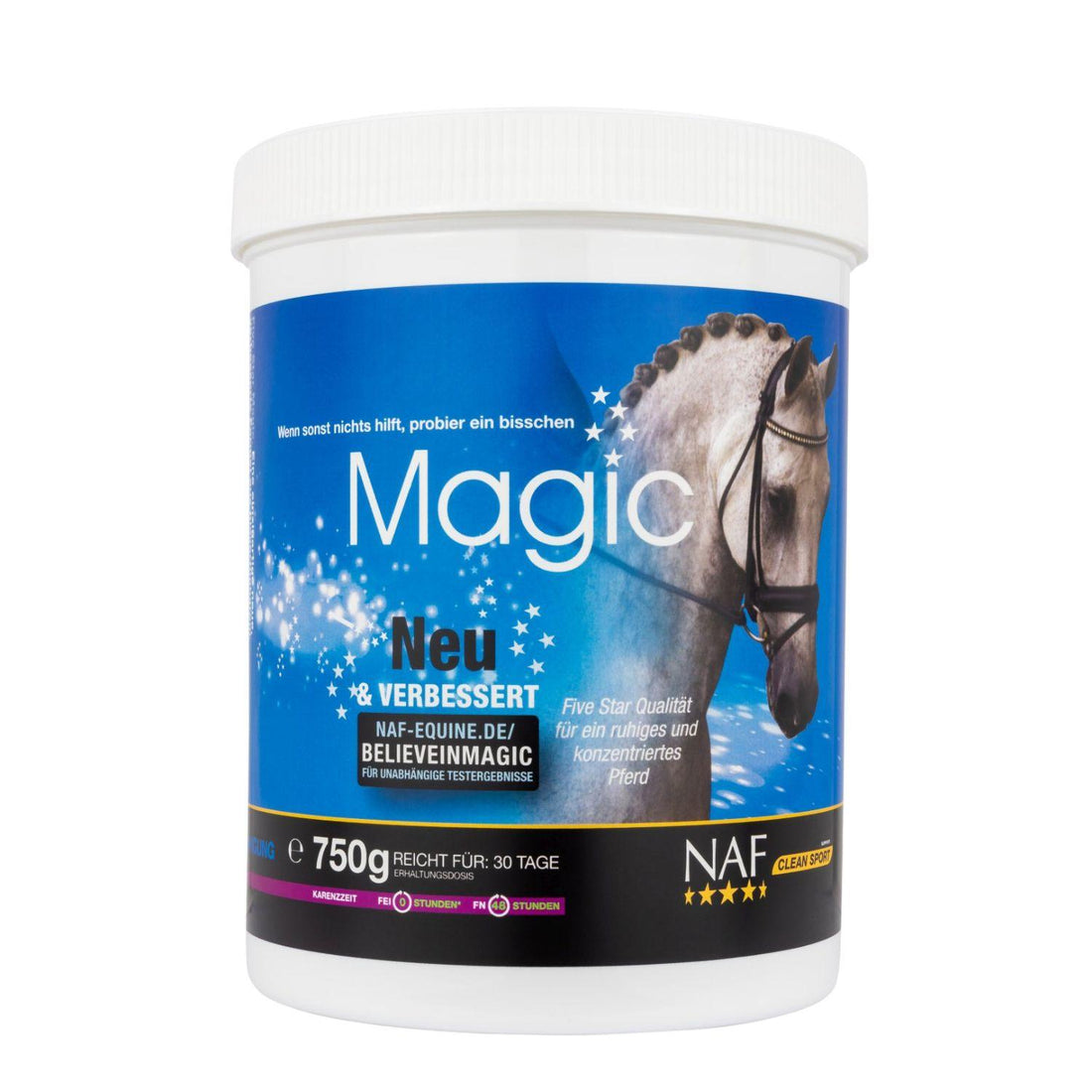 NAF Magic Pulver 750 g Dose – magnesiumhaltiges Ergänzungsfuttermittel für Ponys und Pferde. Die Five Star Magic Dose ist wiederverschließbar. NAF Five Star Magic ist ein Premium Ergänzungsfutter  aus der NAF Five Star Serie - 5 Sterne Qualität für Pferde und Ponys. Perfekt für Stallwechsel, Silvester, Reisen, Transporte und andere Situationen, die viel von Pferden fordern. Passt in jedes Pferde Futtermanagement. Täglich oder vor bestimmten Situationen.