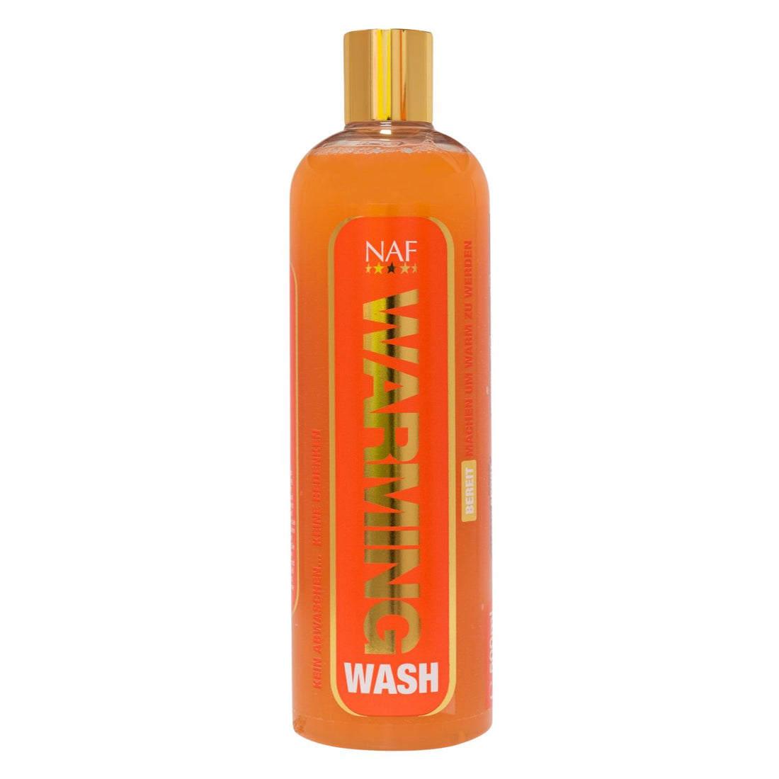 NAF Warming Wash ist ein wärmendes Pferdeshampoo mit Ingwer und Salbei für sanfte Winterpflege ohne Ausspülen nach dem Reiten. Die 500 ml Flasche ist durchsichtig, mit dem orangen NAF Warming Wash gefüllt.