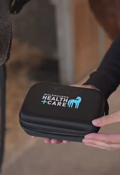 Produktvideo zur Waldhausen PocketRelax Massagepistole für Pferde: Öffnen der Transporttasche, Aufstecken des Silikonaufsatzes und praktische Demonstration der sanften Vibrationsmassage am Pferdekörper für entspannte Pferdewellness im Stall.