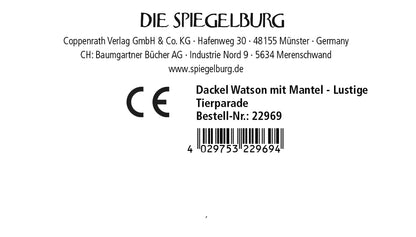 Produkt-Etikett des Spiegelburg Plüschdackels Watson aus der Serie Lustige Tierparade. Das Schild zeigt die originale Artikelnummer, den EAN-Code, die CE-Kennzeichnung für geprüfte Sicherheit sowie offizielle Herstellerangaben des Coppenrath Verlags.