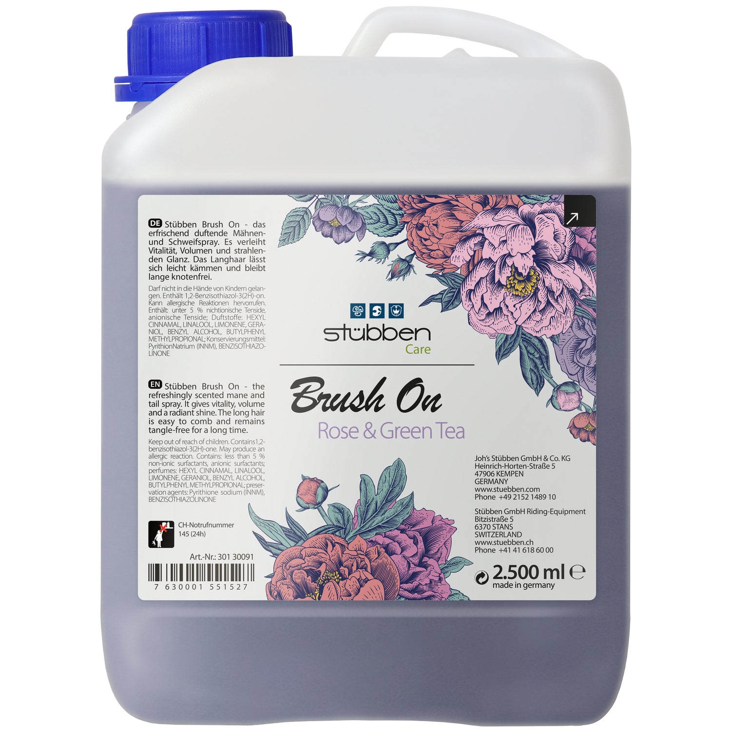 Großer 2,5 Liter Stübben Brush On Rose &amp; Green Tea Nachfüllkanister für Profis &amp; Ställe. Sparpackung für tägliche Pferdepflege von Mähne und Schweif. Reicht für 5 Füllungen der Glanzspray-Sprühflasche. Effiziente Vorratshaltung im Stall.