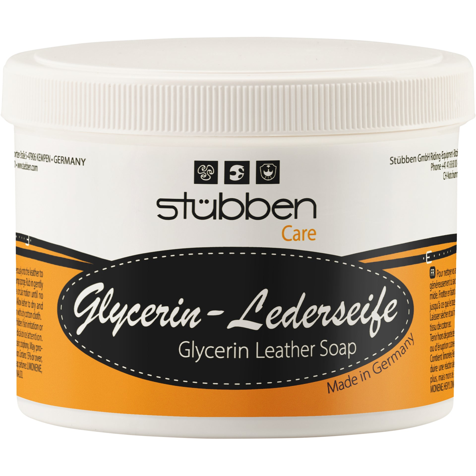 Für die tägliche Lederpflege im Stall bietet die 500 g Dose der Stübben Glycerin Sattelseife eine ergiebige Lösung zur sanften Reinigung von Glattleder ohne Austrocknung.