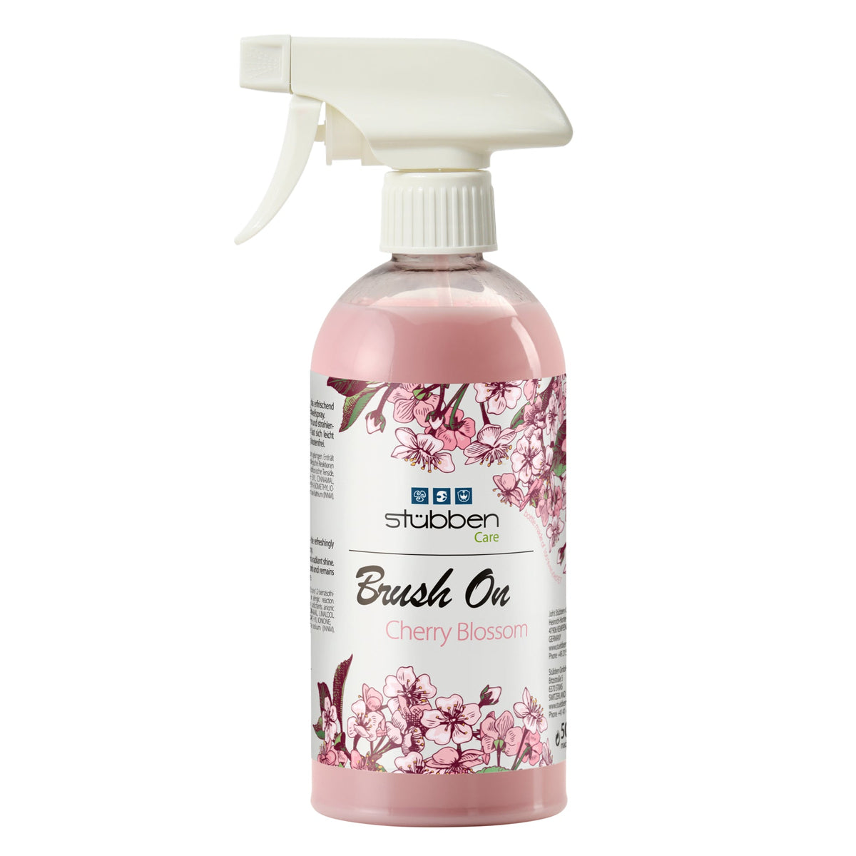 Stübben Mähnenspray Brush On Cherry Blossom in der 500 ml Sprühflasche mit Kirschblüten-Design und rosa Pflegelösung für Glanz, Volumen und leichte Kämmbarkeit von Mähne und Schweif.