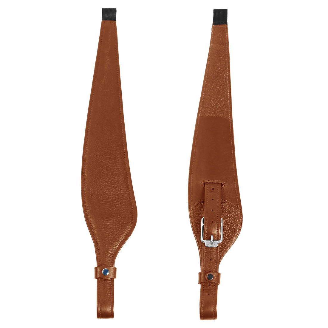 Der Stübben Steigbügelriemen Mono Pro-Jump in der Farbe Cognac für Monosättel im Freisteller-Produktfoto. Zu sehen sind die flache Nylonschlaufe für die Sturzfeder, der schonende DeLuxe-Leder-Haftstreifen auf der Innenseite, die verdeckte Dornschnalle kurz vor dem Steigbügel und der blaue Stübben-Markenpunkt auf dem dunkelbraunen Leder.