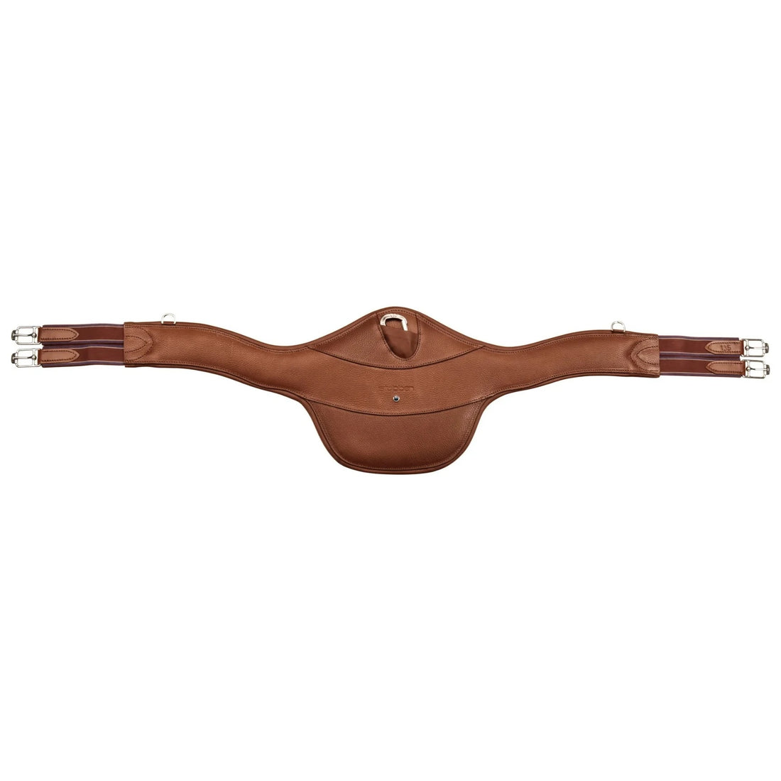 Flach ausgebreiteter Stübben Stollenschutzgurt Contour in Cognac von unten gesehen. Die anatomische Einteilausführung als Gurt mit Ellbogenausschnitt sorgt für optimale Bewegungsfreiheit beim Pferd. Der breite, gepolsterte Stollenschutz schützt den Bauch beim Springreiten vor Schlägen der Hufeisen mit Stollen über dem Sprung. Gut sichtbar sind die rostfreien D-Ringe für das Vorderzeug sowie die dreifachen elastischen Einsätze der Sattelstrippen am langlebigen Leder-Springgurt.