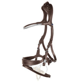 Freigestellte Gesamtansicht der anatomischen Stübben Trense Freedom II in der Lederfarbe Ebony (Dunkelbraun) mit funkelndem Crystal-Strass-Stirnband, patentiertem Slide&Lock-System am Backenstück und rückstandslos abnehmbarem RFS-Sperrriemen, anatomisches Genickstück, das Halswirbel und Ohrenmuskulatur ausspart, zur optimalen Genick- und Ohrenentlastung für empfindliche Pferde.