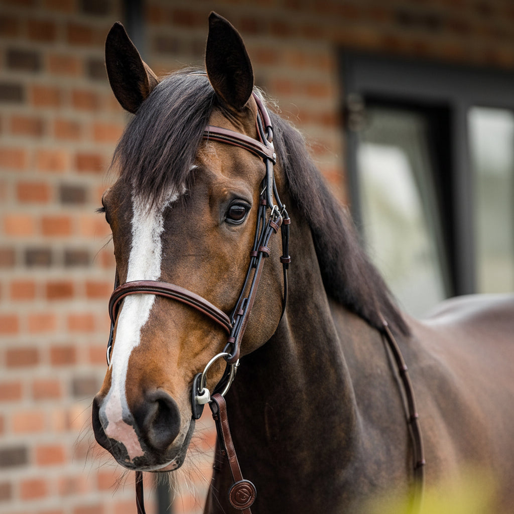Detailaufnahme der Trust Equestrian Geneva Trense in Braun Silber am Pferd ohne Sperrriemen zur Demonstration der anatomischen Druckentlastung und der edlen Optik des hochwertigen braunen Leders. Sperrriemen wird durch die abnehmbare Sperrriemenschlaufe rückstandslos abnehmbar. 