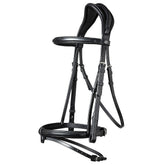 Trust Equestrian Geneva Trense in Schwarz Silber mit anatomisch geformtem Genickstück und rückstandslos abnehmbarem Sperrriemen für pferdefreundliches Reiten.