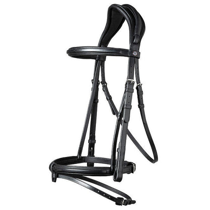 Trust Equestrian Geneva Trense in Schwarz Silber mit anatomisch geformtem Genickstück und rückstandslos abnehmbarem Sperrriemen für pferdefreundliches Reiten.