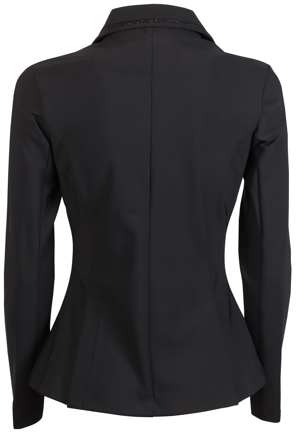 Die Rückseite des eleganten Turniersakkos präsentiert eine figurbetonte Silhouette mit zwei praktischen Schlitzen für optimale Bewegungsfreiheit im Sattel und einen edlen Glitzerkragen, der auch von hinten zum Highlight wird.