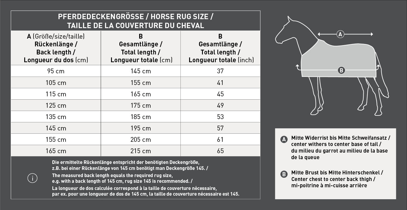 Größentabelle für Waldhausen Arctic Outdoordecken zur Ermittlung der optimalen Deckengröße für Pony und Pferd. Zeigt die genauen Abmessungen und Messanleitungen für die Rückenlänge (Widerrist bis Schweifrübe) und Gesamtlänge (Brust bis Schweif). Verfügbar in allen gängigen Pferdedeckengrößen von 115 cm, 125 cm, 135 cm, 145 cm, 155 cm bis 165 cm.