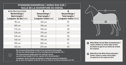 Größentabelle für Waldhausen Arctic Outdoordecken zur Ermittlung der optimalen Deckengröße für Pony und Pferd. Zeigt die genauen Abmessungen und Messanleitungen für die Rückenlänge (Widerrist bis Schweifrübe) und Gesamtlänge (Brust bis Schweif). Verfügbar in allen gängigen Pferdedeckengrößen von 115 cm, 125 cm, 135 cm, 145 cm, 155 cm bis 165 cm.