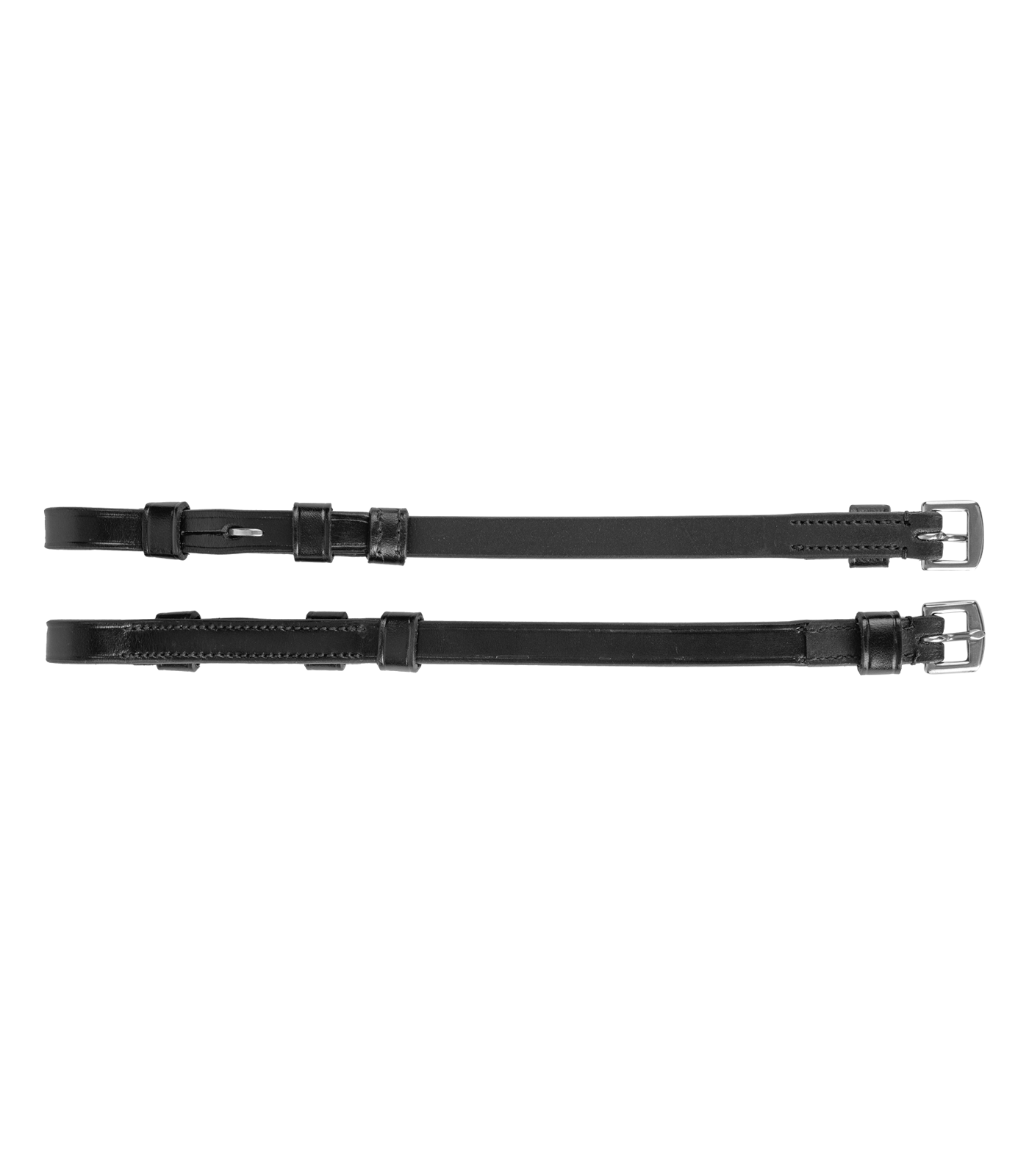 Ein Paar schwarze Waldhausen Backenstücke S-Line aus Premium-Leder als Ersatzteile für die Trense oder Kandare. Das obere Trenseneinzelteil zeigt die Innenseite mit silbernem Zaumhaken und rechter Dornschnalle aus Edelstahl für eine cleane Optik am Gebissring. Das untere Backenstück zeigt die Außenseite der Lederriemen. Die praktischen Zaumhaken liegen verdeckt an der Seite des Pferdekopfes, sind von außen unsichtbar und ermöglichen einen schnellen Austausch des Gebisses.