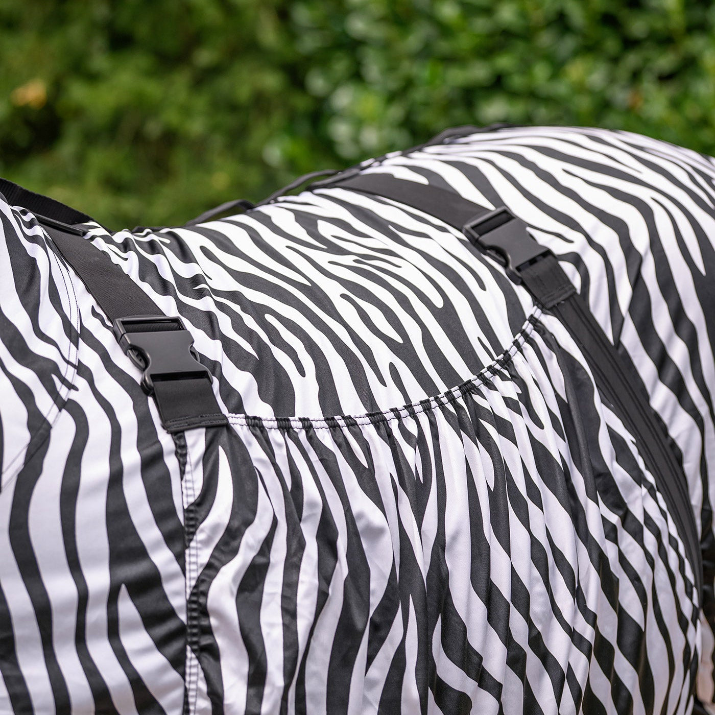 Nahaufnahme der Waldhausen Ekzemerdecke Zebra Premium in schwarz-weiß mit Fokus auf die praktischen Klickverschlüsse des breiten Bauchlatzes. Das detailreiche Bild zeigt den engmaschigen Zebra-Print aus nächster Nähe, der Insekten und Bremsen optisch irritiert. Durch die stabilen, individuell anpassbaren Gurte lässt sich die Sommerdecke körpernah fixieren, sodass die empfindliche Bauchnaht des Pferdes lückenlos und sicher vor Kriebelmücken geschützt bleibt.