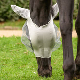 Grasendes Pferd mit gesenktem Kopf und der hellgrauen Waldhausen Fliegenmaske Skinny. Sichtbar ist der Bereich von Ganaschen und Kehle, der komplett ohne Klettverschluss oder Reißverschluss auskommt. Das elastische Material sorgt für eine stabile Passform am Pferdekopf. Verfügbar in den Größen Shetty, Pony, Vollblut, Warmblut und Warmblut Extra (Kaltblut) bei ePony Reitsport.