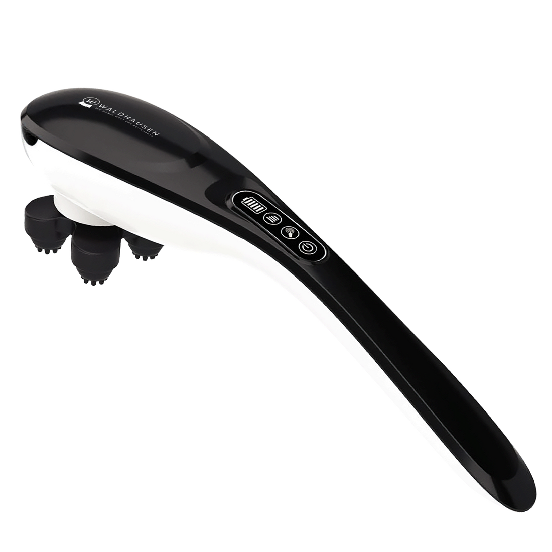 as kabellose Waldhausen Health + Care Massagegerät GO-Anywhere (Super Dandy) als Akku-Pferdemassagegerät in der Seitenansicht mit ergonomischem Griff, integriertem LED-Bedienfeld zur Auswahl von 6 Intensitätsstufen und aufgesetztem 5-Punkt-Noppenaufsatz.