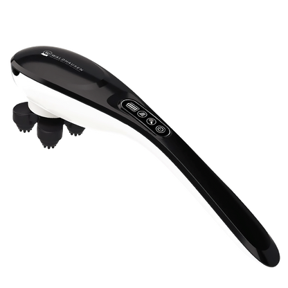 as kabellose Waldhausen Health + Care Massagegerät GO-Anywhere (Super Dandy) als Akku-Pferdemassagegerät in der Seitenansicht mit ergonomischem Griff, integriertem LED-Bedienfeld zur Auswahl von 6 Intensitätsstufen und aufgesetztem 5-Punkt-Noppenaufsatz.