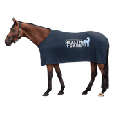 Braunes Pferd im Profil mit der dunkelblauen Waldhausen Health + Care Ice-Layer Kühldecke und weißem Logo-Print in der Seitenansicht. Die innovative Verdunstungsdecke sorgt für gleichmäßige Kühlung bei Sommerhitze und unterstützt die Regeneration sowie Pferdewellness nach anstrengendem Training beim Reiten.