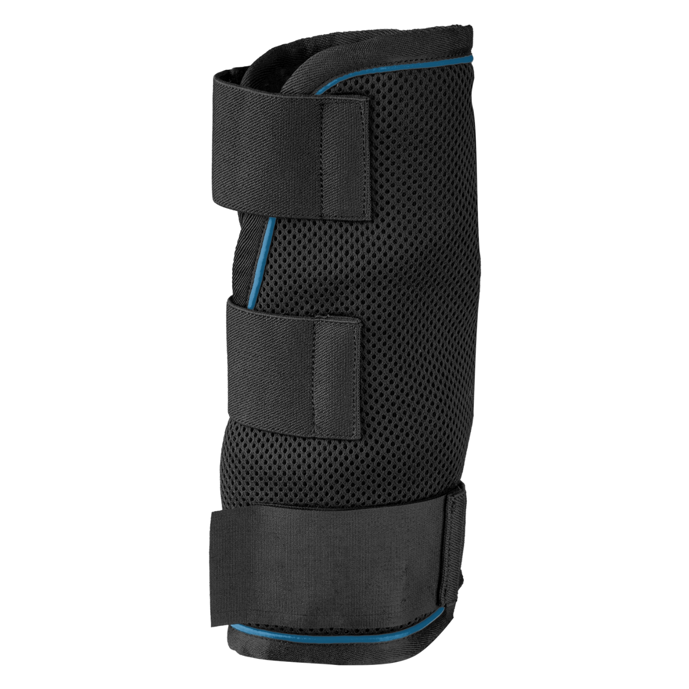 Detailansicht der Innenseite einer einzelnen schwarzen Waldhausen Health + Care Ice-Layer Kühlgamasche auf weißem Hintergrund. Im Gegensatz zur Außenseite zeigt dieses Bild das flache Design der Klettarme ohne störende Verschlüsse. Das weiche Innenmaterial liegt absolut flach an, um Druckstellen am Pferdebein zu vermeiden und maximalen Komfort bei der Verdunstungskühlung zu ermöglichen. Perfekt für eine schonende Abkühlung im Sommer.