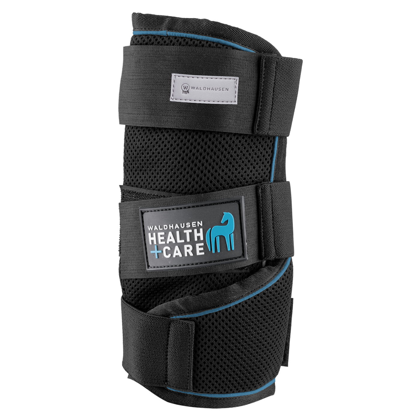 Detailansicht einer einzelnen schwarzen Waldhausen Health + Care Ice-Layer Kühlgamasche auf weißem Hintergrund (Freisteller). Das Produktbild zeigt die drei Klettverschlüsse mit dem originalen Waldhausen und Health + Care Logo sowie das innovative, fein perforierte Meshmaterial für die Verdunstungskühlung. Eine hellblaue, türkis-farbene Biese umrandet die Gamasche und symbolisiert den Cooling-Effekt. Die flexiblen Klettverschlüsse ermöglichen den variablen Einsatz auf fast jeder Höhe am Pferdebein.