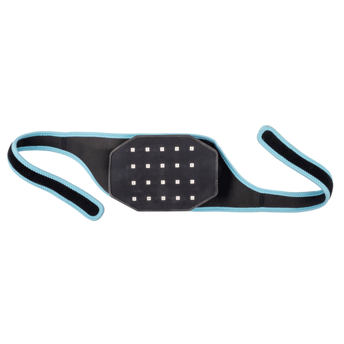 Die fellgewandte Kontaktfläche des Waldhausen Health + Care Infrared FlexPads auf der Innenseite des Befestigungsstraps: Das achteckige Infrarot-Massage-Wärmepad zeigt das strukturierte LED-Diodenfeld für das duale Lichtspektrum aus 660 nm Rotlicht und 850 nm Nahinfrarotlicht. Die glatte Auflagefläche mit integrierter Wärmefunktion und Vibrationsmotor liegt dank des flexiblen Klettbands mit hellblauer Einfassung gleichmäßig und schonend am Genick oder Pferdebein an.