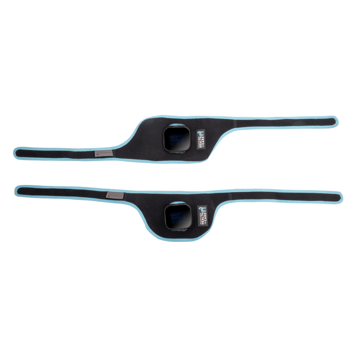 Die zwei im Lieferumfang enthaltenen Befestigungsstraps des Waldhausen Health + Care Infrared FlexPads im Überblick: Der obere Strap ist ergonomisch für das Genick geformt und lässt sich durch das Halfter fixieren, während der untere Strap für das Pferdebein ausgelegt ist. Beide Bänder zeigen das von unten eingesetzte FlexPad-Hauptgerät mit LED-Anzeige, hellblauen Randeinfassungen und langen Klettverschlüssen für einen rutschfesten Halt.