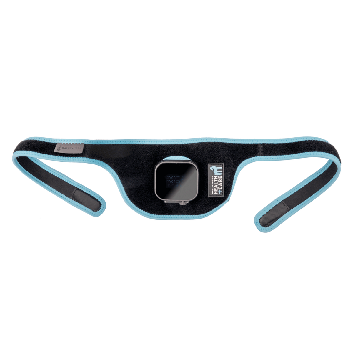 er ergonomisch geschwungene Befestigungsstrap des Waldhausen Health + Care Infrared FlexPads mit zentral eingesetzter Steuerungseinheit: Die flexiblen Klettverschluss-Bänder sind für eine rutschfeste, anatomische Anpassung an Genick, Hals oder das Pferdebein geformt. Auf der Vorderseite sind das digitale LED-Display zur Auswahl der Wärme-, Vibrations- und Infrarotlicht-Stufen sowie das gummierte Waldhausen Health + Care Marken-Patch auf dem schwarzen Band mit hellblauer Randeinfassung gut sichtbar.