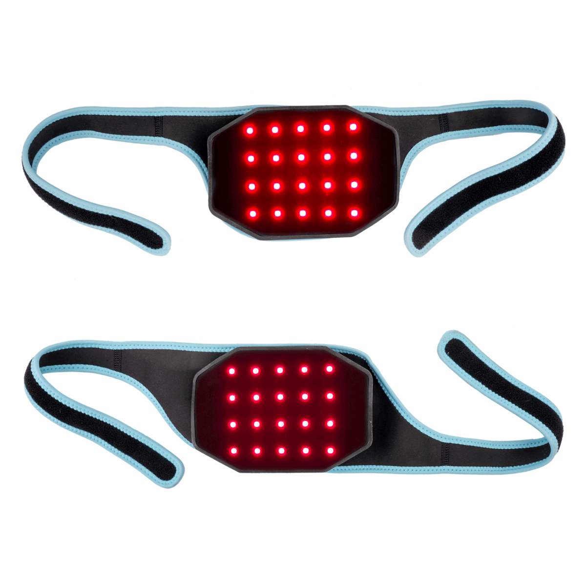 Die Unterseite des Waldhausen Health + Care Infrared FlexPads in beiden Befestigungsstraps für Genick und Bein: Gut sichtbar ist die aktive Leuchtfläche des Infrarot- und Wärmepads mit 20 leuchtenden LEDs, die das duale Lichtspektrum aus 660 nm rotem Licht und 850 nm Nahinfrarotlicht auf die Kontaktfläche abgeben. Die flexiblen Bänder mit hellblauer Einfassung ermöglichen eine passgenaue, flächige Auflage am Pferdekörper.