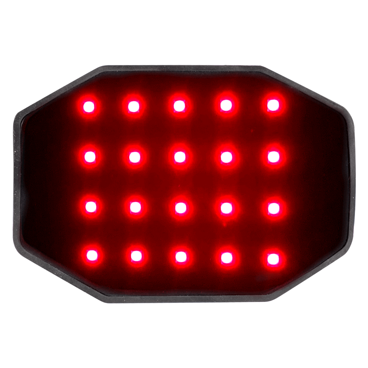 Nahaufnahme des aktiven Infrarot-Massage-Wärmepads des Waldhausen Health + Care Infrared FlexPads: Die achteckige Kontaktfläche zeigt die 20 leuchtenden LEDs mit dem dualen Lichtspektrum aus 660 nm rotem Licht und 850 nm Nahinfrarotlicht. Das kompakte Modul bietet 3 regulierbare Bestrahlungsstufen von 11 bis 32 mW/cm², steuerbare Wärme von 38 °C bis 48 °C sowie integrierte Vibrationsmotoren für eine wohltuende Wellness-Anwendung am Pferd.