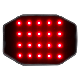 Nahaufnahme des aktiven Infrarot-Massage-Wärmepads des Waldhausen Health + Care Infrared FlexPads: Die achteckige Kontaktfläche zeigt die 20 leuchtenden LEDs mit dem dualen Lichtspektrum aus 660 nm rotem Licht und 850 nm Nahinfrarotlicht. Das kompakte Modul bietet 3 regulierbare Bestrahlungsstufen von 11 bis 32 mW/cm², steuerbare Wärme von 38 °C bis 48 °C sowie integrierte Vibrationsmotoren für eine wohltuende Wellness-Anwendung am Pferd.