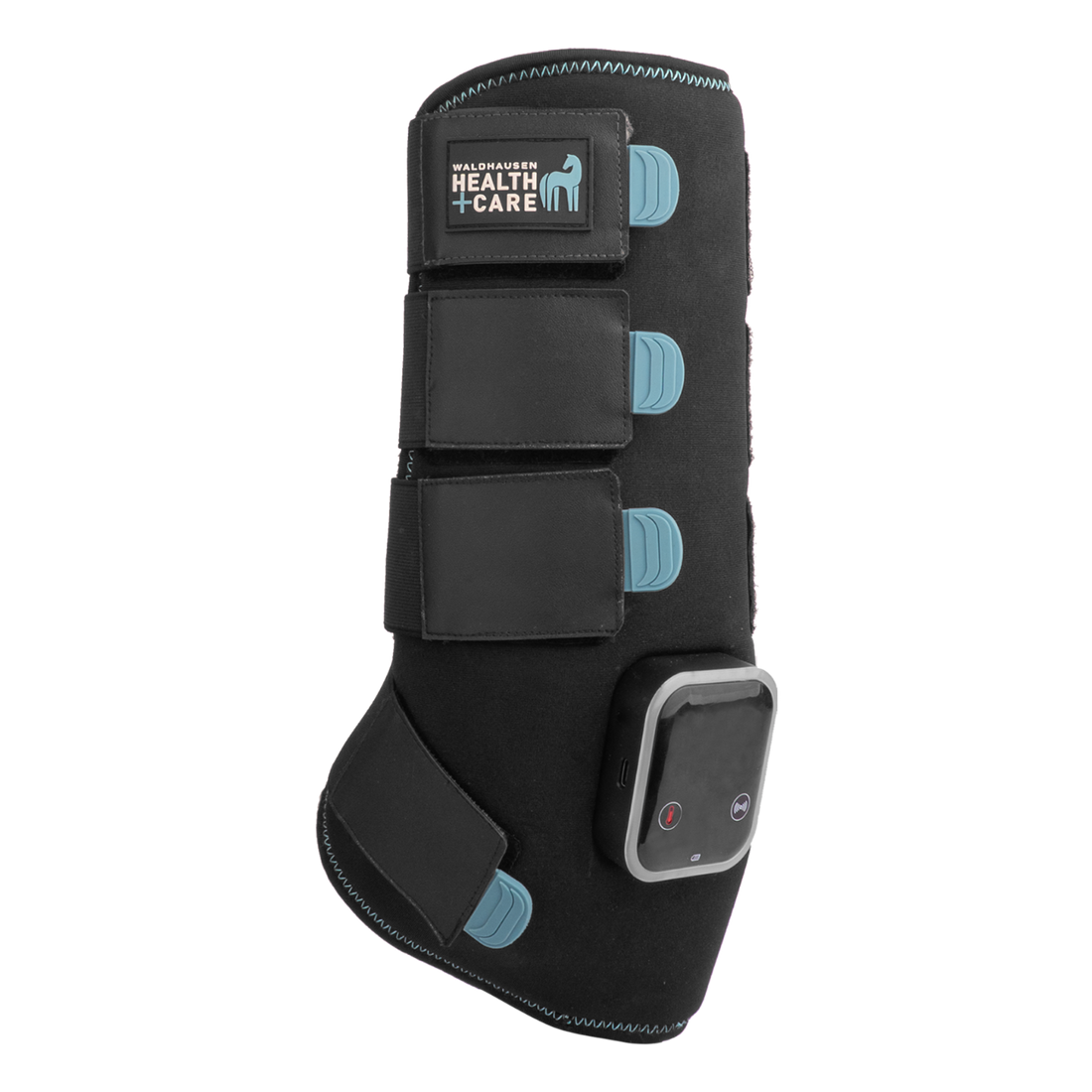 Die schwarze Waldhausen Health + Care TecSupreme 3-in-1 Gamasche mit farbigem LED-Touchscreen zur Steuerung von Kühlung, Wärme und Vibration. Gut sichtbar sind die vier robusten Klettverschlüsse mit hellblauen Enden, die beidseitig schließbar sind und die feine Anpassung am linken wie rechten Pferdebein ermöglichen.