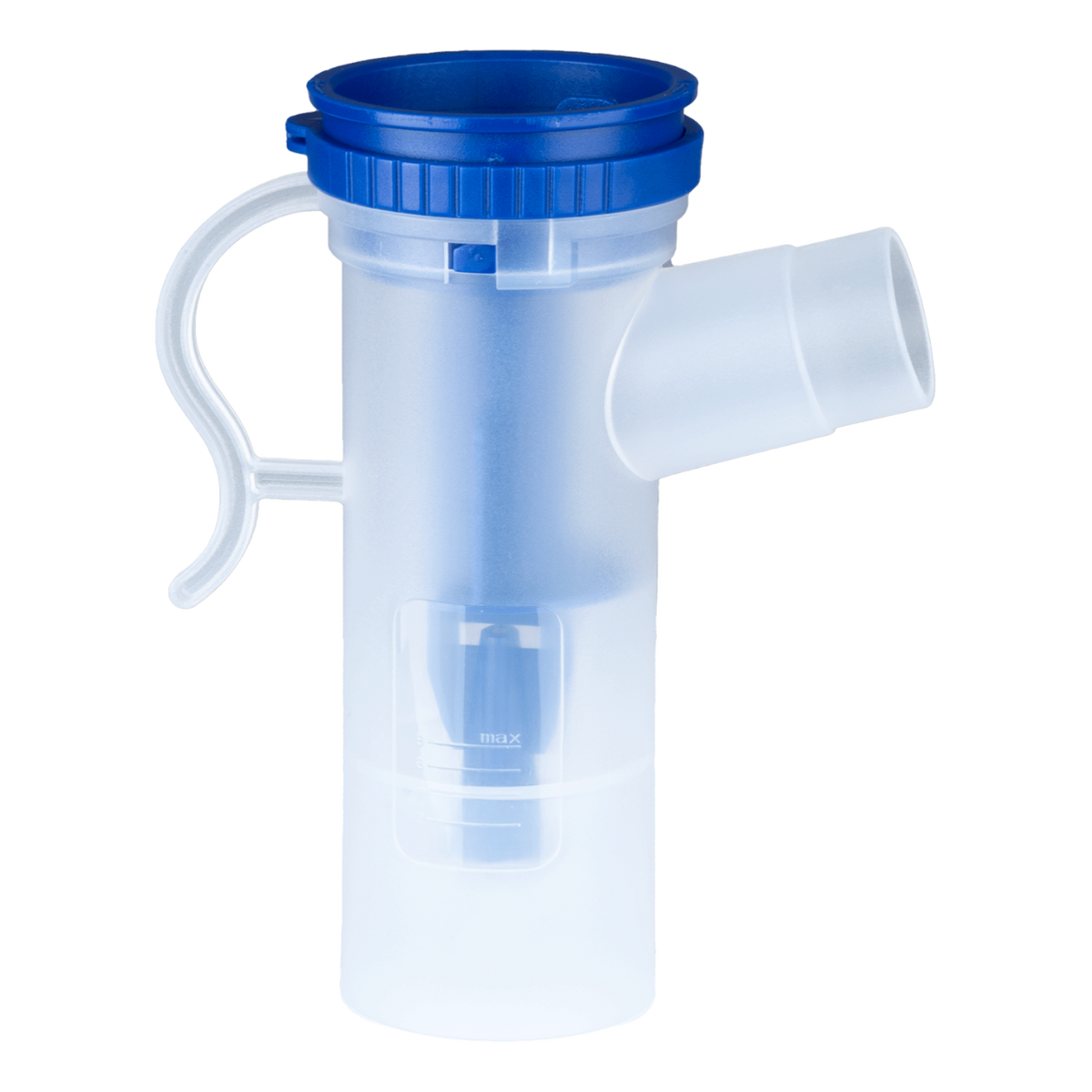 Der Vernebler für das Waldhausen Health + Care Inhaliergerät als Freisteller: transparenter Verneblerbecher mit blauer Kappe und seitlichem Anschlussstutzen.