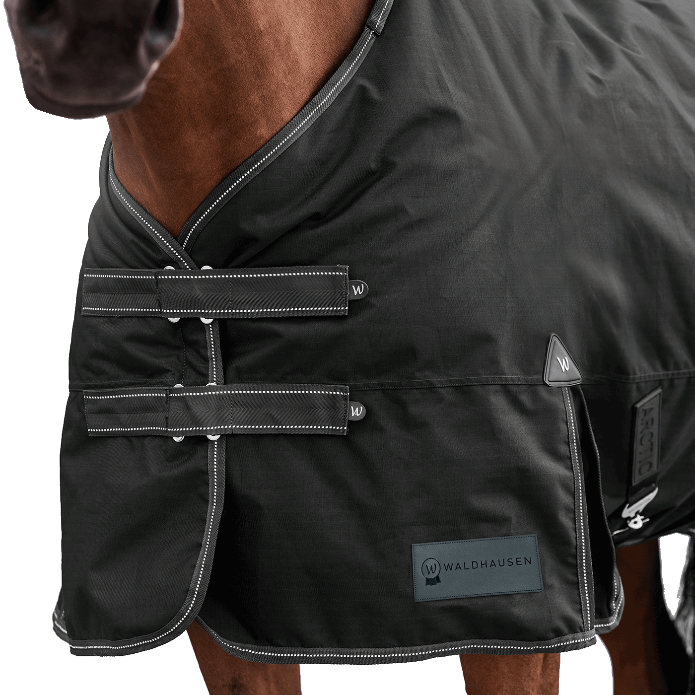 Detailaufnahme des doppelten Brustverschlusses der Waldhausen Outdoordecke Arctic 300 g in Schwarz. Die robusten T-Verschlüsse sind mit Klettabdeckungen geschützt, und können ein Hängenbleiben im Offenstall oder Paddock reduzieren. Der doppelte Brustverschluss ermöglicht einfaches Ein- und Ausdecken von Pferd oder Pony. Reflektierende Kontrastnähte in Weiß auf den Klettlaschen und dem Einfassband erhöhen die Sichtbarkeit bei Dunkelheit.