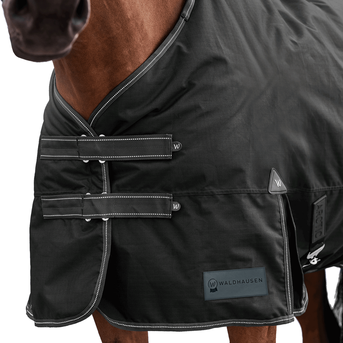 Detailaufnahme des doppelten Brustverschlusses der Waldhausen Outdoordecke Arctic 50 g in Schwarz. Die robusten T-Verschlüsse sind mit Klettabdeckungen geschützt, und können ein Hängenbleiben im Offenstall oder Paddock reduzieren. Der doppelte Brustverschluss ermöglicht einfaches Ein- und Ausdecken von Pferd oder Pony. Reflektierende Kontrastnähte in Weiß auf den Klettlaschen und dem Einfassband erhöhen die Sichtbarkeit bei Dunkelheit.