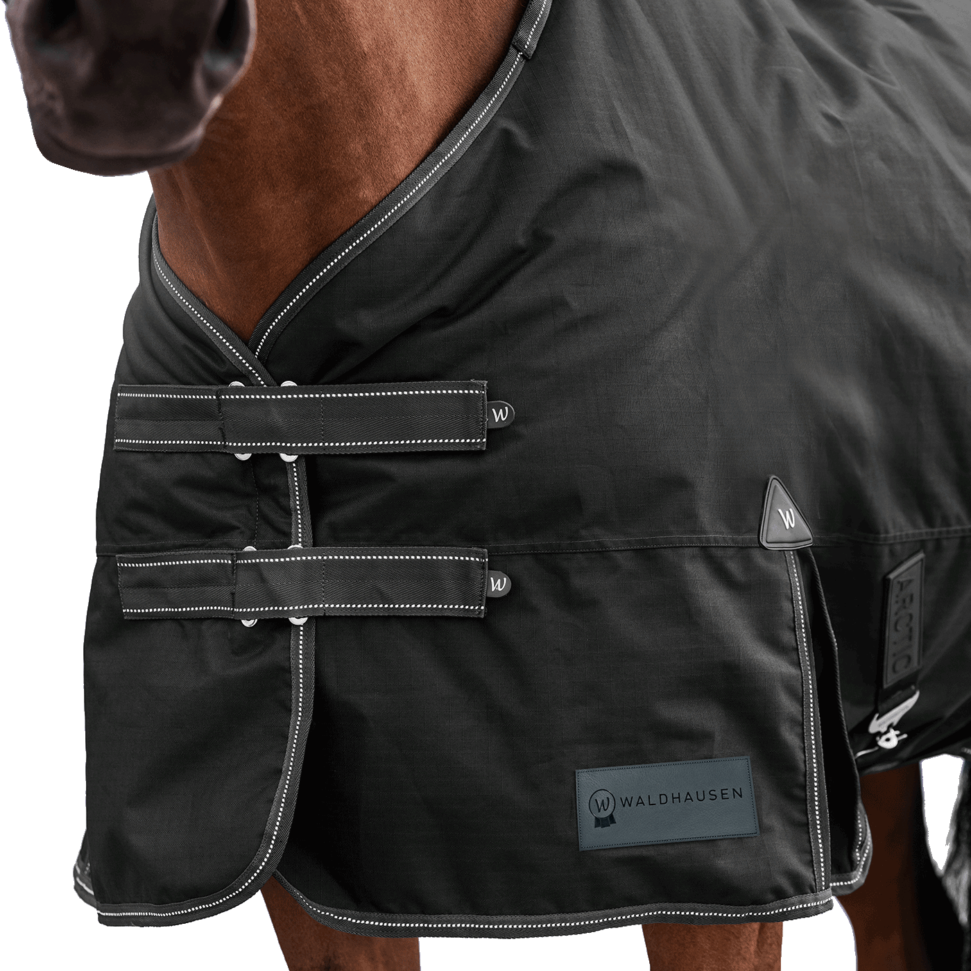 Detailaufnahme des doppelten Brustverschlusses der Waldhausen Outdoordecke Arctic 50 g in Schwarz. Die robusten T-Verschlüsse sind mit Klettabdeckungen geschützt, und können ein Hängenbleiben im Offenstall oder Paddock reduzieren. Der doppelte Brustverschluss ermöglicht einfaches Ein- und Ausdecken von Pferd oder Pony. Reflektierende Kontrastnähte in Weiß auf den Klettlaschen und dem Einfassband erhöhen die Sichtbarkeit bei Dunkelheit.