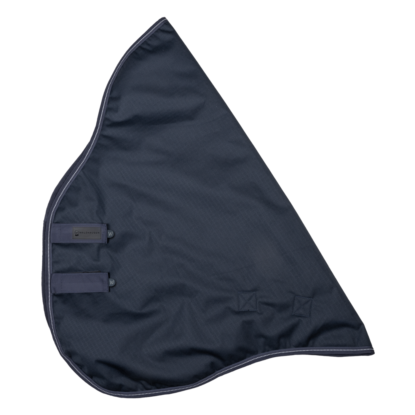 Wasserdichtes Waldhausen Outdoorhalsteil 600D mit 100 g Füllung in stilvollem Blau. Das Produktbild zeigt die zwei stabilen Klettverschlüsse zur Befestigung an den Arctic- und Nordic-Outdoordecken sowie umlaufende reflektierende Einfassnähte für erhöhte Sichtbarkeit bei Dunkelheit.