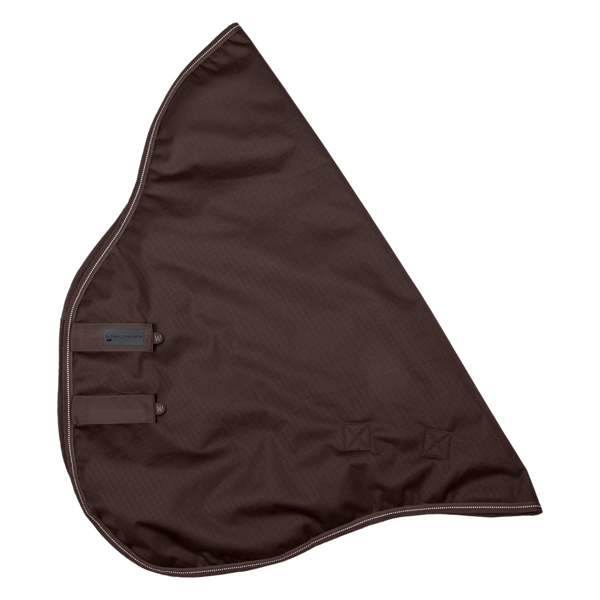 Wasserdichtes Waldhausen Outdoorhalsteil 600D mit 100 g Füllung in der braunen Fashionfarbe Espresso. Das Produktbild zeigt die zwei stabilen Klettverschlüsse zur Befestigung an den Arctic- und Nordic-Outdoordecken sowie umlaufende reflektierende Einfassnähte für erhöhte Sichtbarkeit bei Dunkelheit.