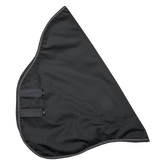 Wasserdichtes Waldhausen Outdoorhalsteil 600D mit 100 g Füllung in klassischem Schwarz. Das Produktbild zeigt die zwei stabilen Klettverschlüsse zur Befestigung an den Arctic- und Nordic-Outdoordecken sowie umlaufende reflektierende Einfassnähte für erhöhte Sichtbarkeit bei Dunkelheit.