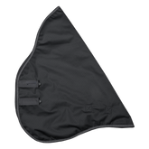 Wasserdichtes Waldhausen Outdoorhalsteil 600D mit 200 g Füllung in klassischem Schwarz. Das Produktbild zeigt die zwei stabilen Klettverschlüsse zur Befestigung an den Arctic- und Nordic-Outdoordecken sowie umlaufende reflektierende Einfassnähte für erhöhte Sichtbarkeit bei Dunkelheit.